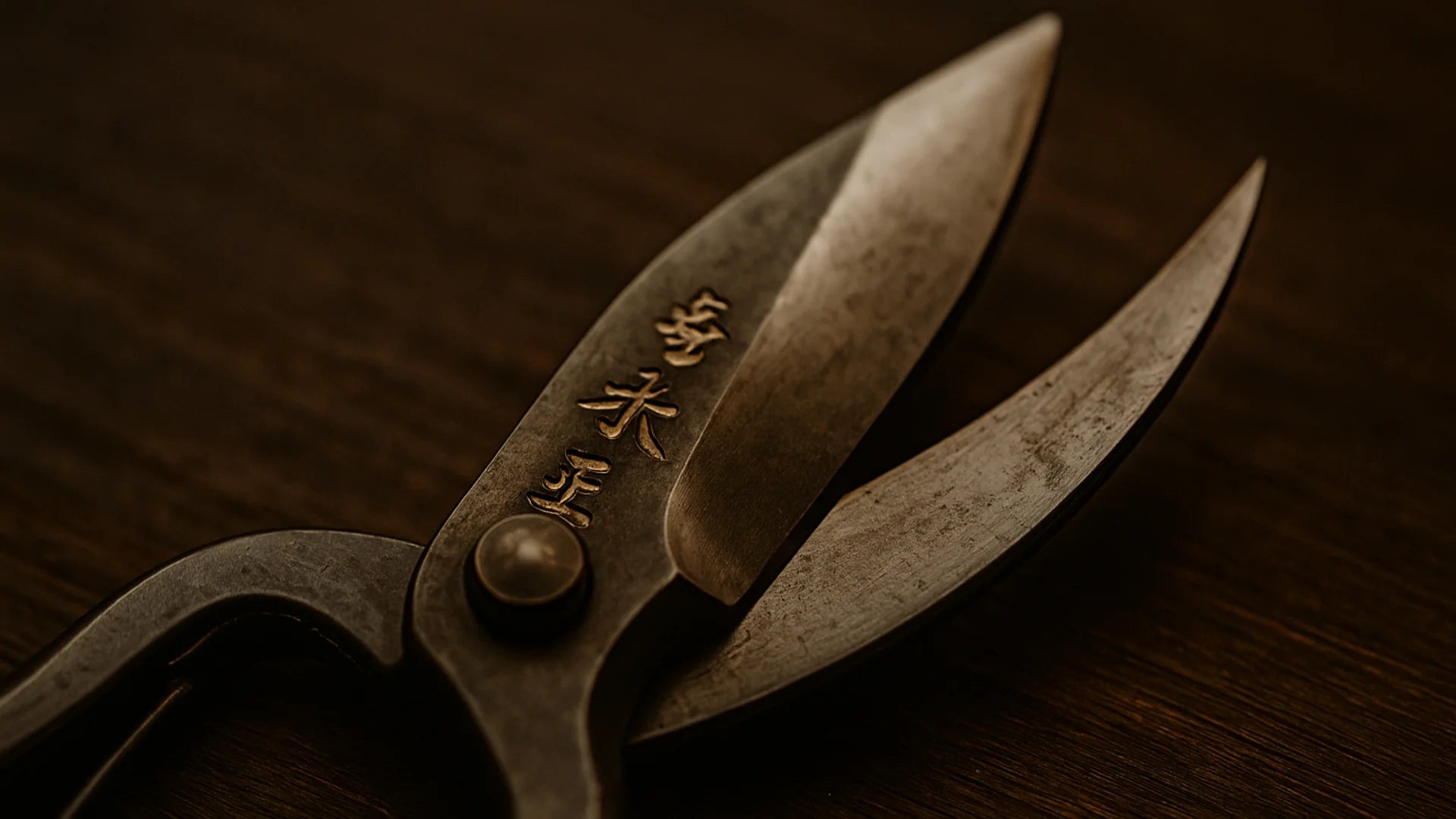 Vintage scissors with engraved text on a dark wooden background