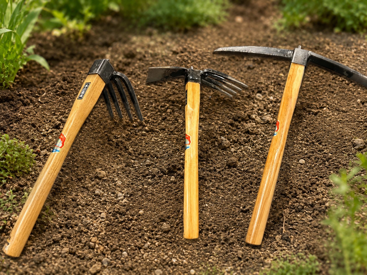 Azui No.101, No.102 and No.106 Japanese hand hoes arranged together in garden soil