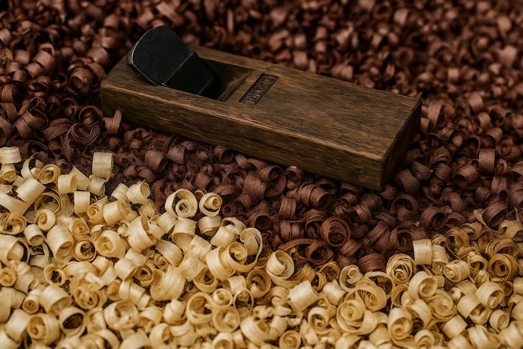 Japanese wooden plane surrounded by wood shavings on a wooden surface