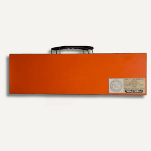Orange tool case with a label on a white background