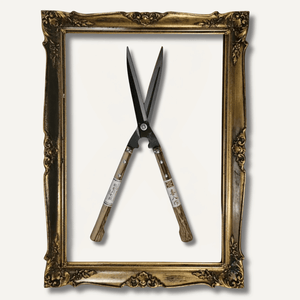Pair of pruning shears inside an ornate gold frame on a white background