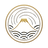 Circular logo with mountain and wave design on a white background