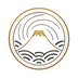Circular logo with mountain and wave design on a white background