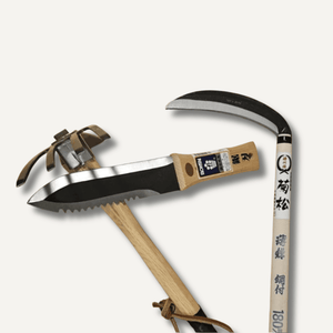 Two gardening tools with wooden handles and metal blades on a white background