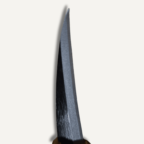 Close-up of curved garden knife blade showing single-edged cutting profile