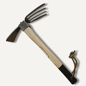 Gardening tool with wooden handle and metal prongs on a white background