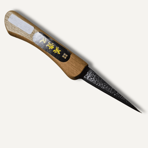 Wooden-handled knife with a metallic blade on a white background