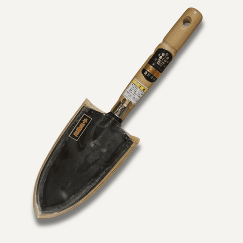 Bonsai brand forged carbon steel garden trowel with wooden handle on white background