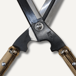Close-up of a pair of pruning shears with wooden handles on a white background
