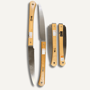 Set of four folding saws with wooden handles on a white background