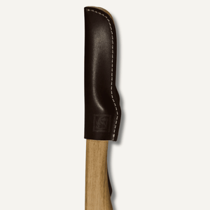 Knife with a brown leather sheath on a white background