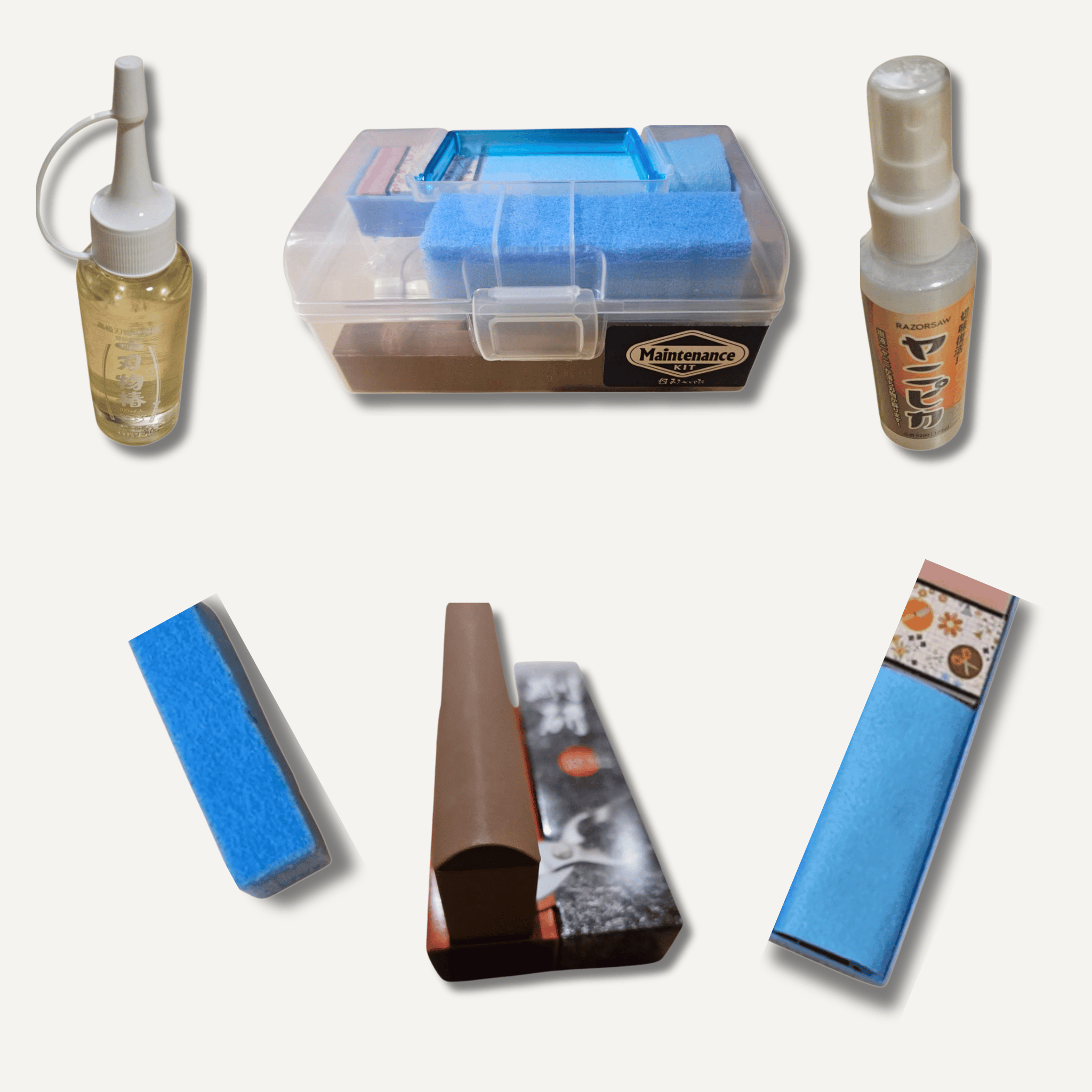 Collection of cleaning products and tools on a white background
