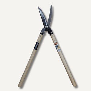 Pair of garden shears with wooden handles on a white background