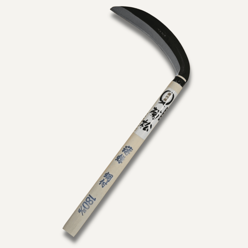 Sickle with black blade and white handle featuring black text on a white background