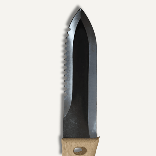 Bonsai hori hori garden knife shown flat on white background with serrated edge visible