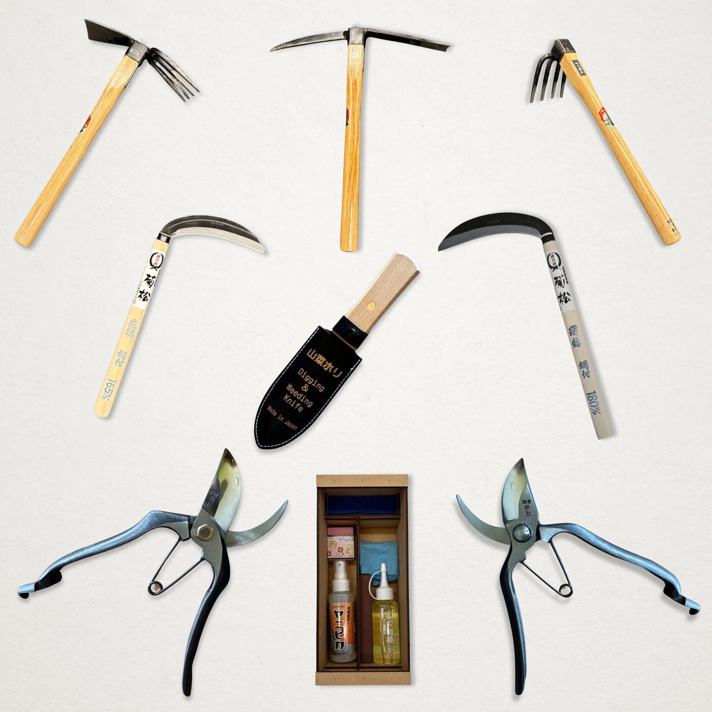 Japanese garden tool and care set with Azui cultivation tools, two sickles, hori hori knife, Tobisho pruning shears and a wooden maintenance kit.