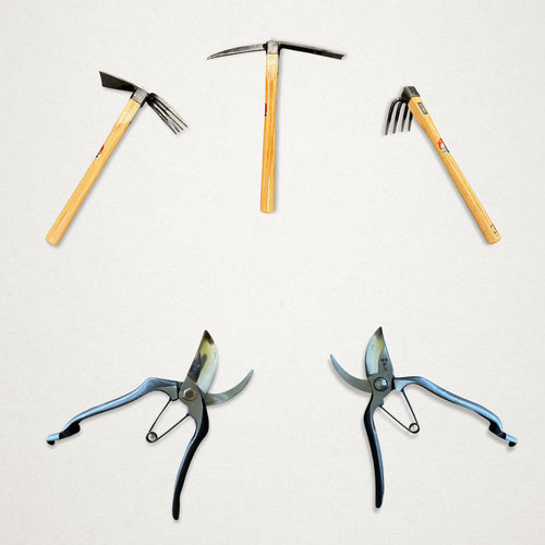 Three Azui cultivation tools and Tobisho Type A and Type B secateurs arranged as a build-your-own Japanese garden tool set.