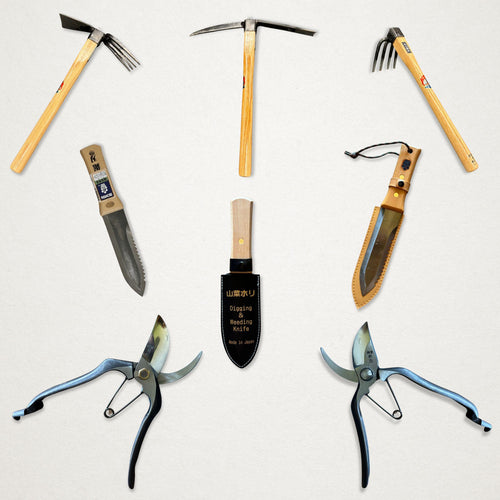 Azui planting and pruning set with three Japanese cultivation tools, three hori hori knives and two Tobisho pruning shears.