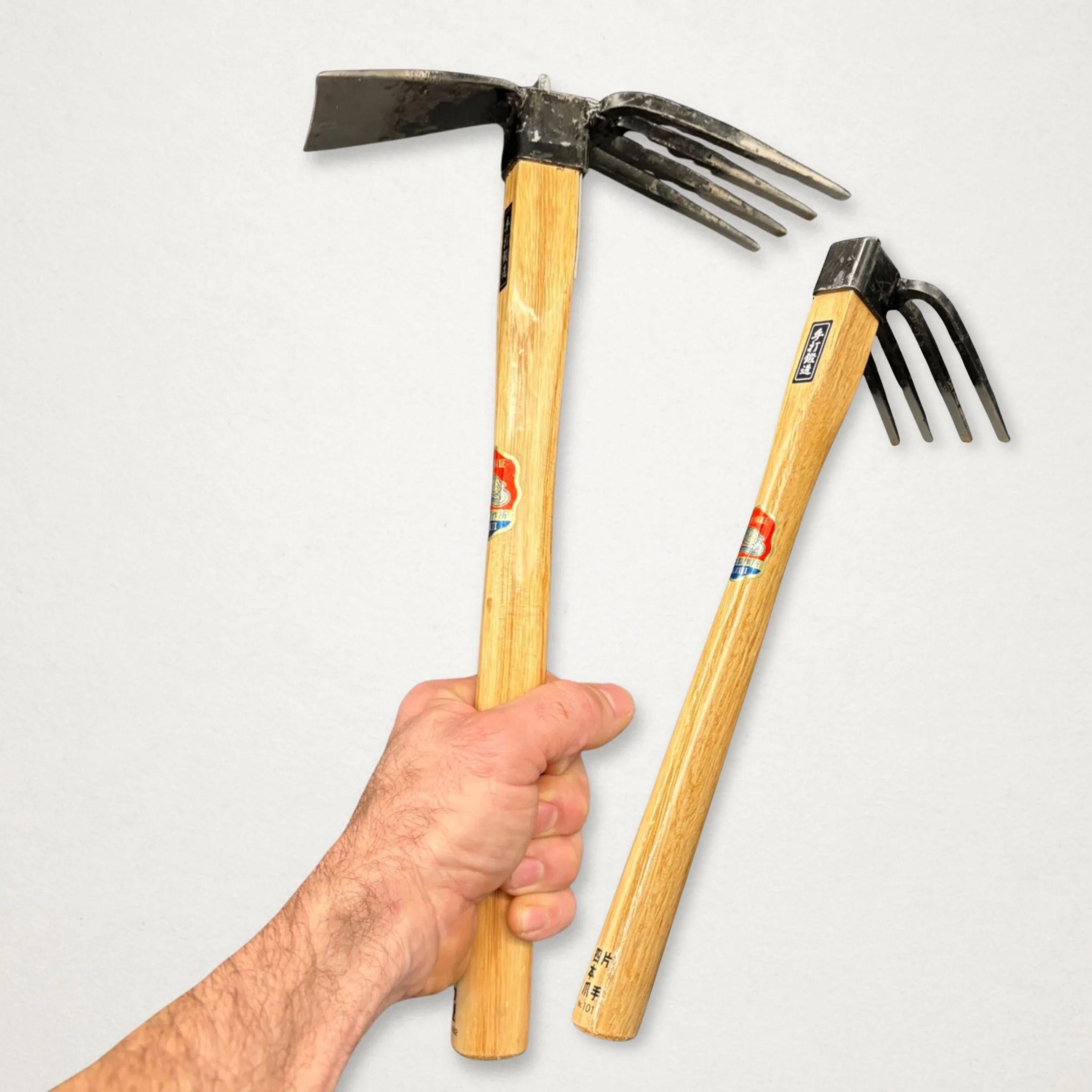 Azui Soil Preparation Duo with No.101 four-tine hand hoe and No.102 Ika-Gata hoe, forged in Japan.