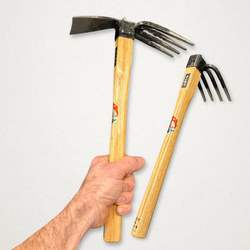 Azui Soil Preparation Duo with No.101 four-tine hand hoe and No.102 Ika-Gata hoe, forged in Japan.