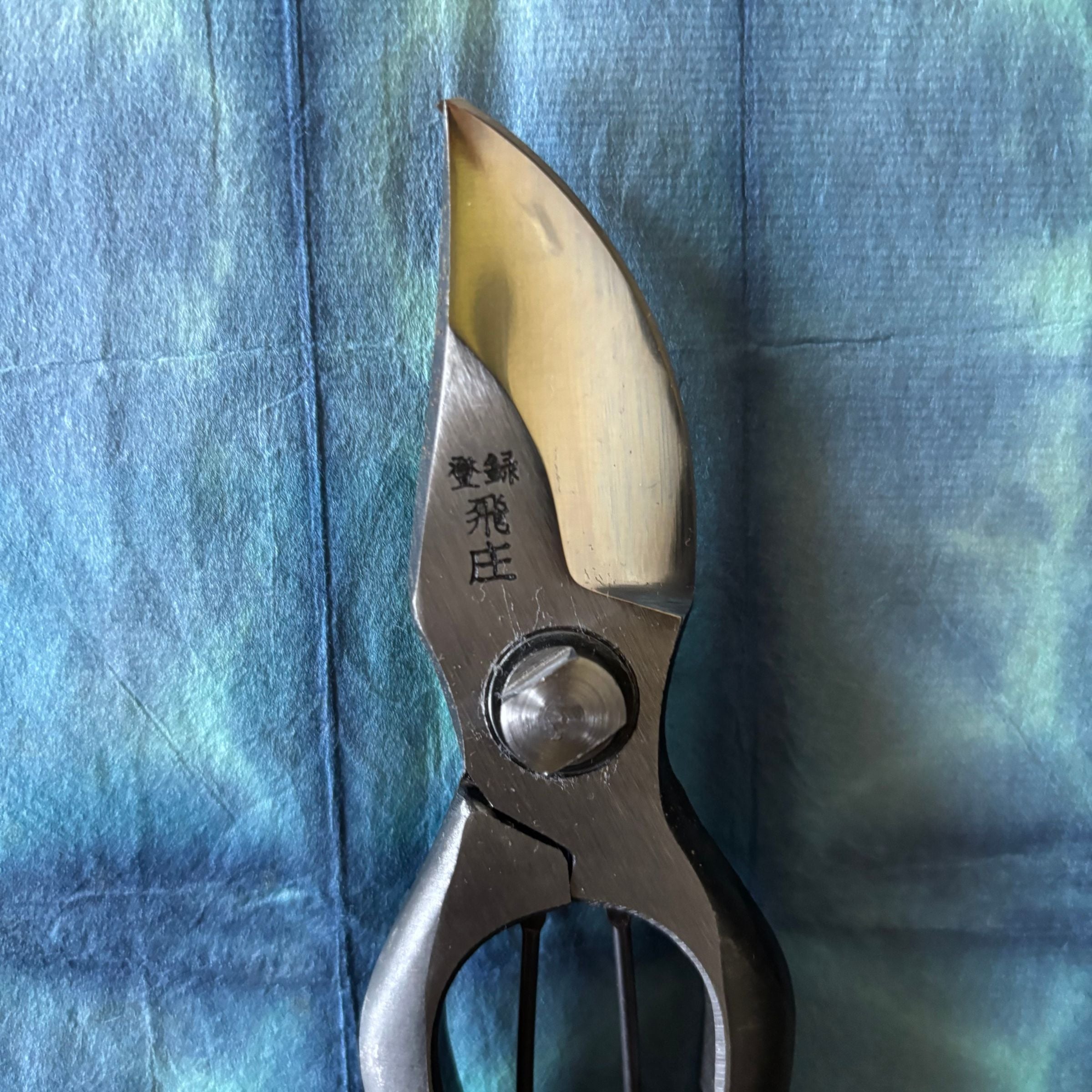 Close-up of Tobisho Type-B Pruning Shears 200mm blade and joint detail, high-carbon Yasugi steel edge
