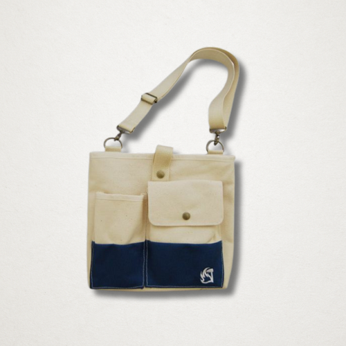 Navy canvas two-way carry garden bag with shoulder strap and tool pockets
