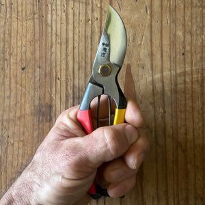 Hand holding Tobisho SR-1 pruning shears, showing grip, scale, and ergonomic handle design