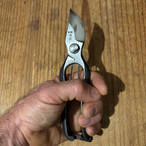 Hand holding Tobisho Type-B Pruning Shears 200mm, showing size and ergonomic fit in use