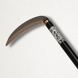 Hounen kazakari 360mm lightweight weeding sickle close up of forged blade.