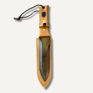 Stainless steel bonsai hori hori knife flat on leather sheath