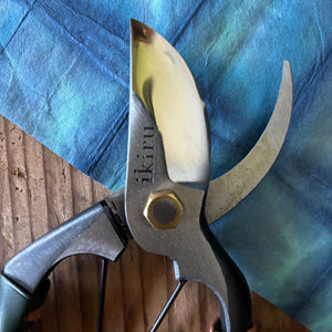 Macro of Ikiru blade and joint – close-up detail showing engraved Ikiru logo, brass pivot, and cutting edge.