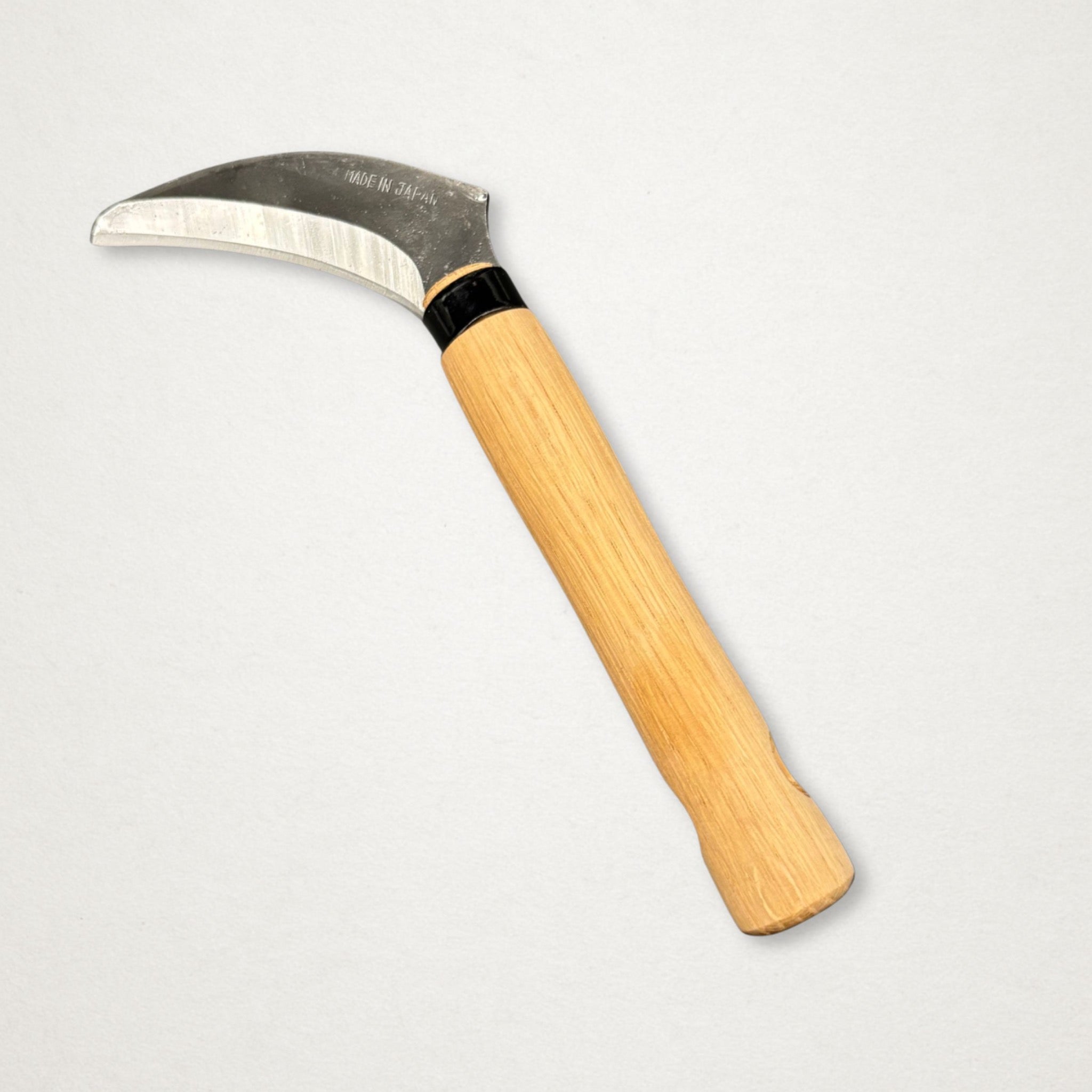 Full Takemoto Banshu Piccolo Sickle 90mm on white background with compact oak handle