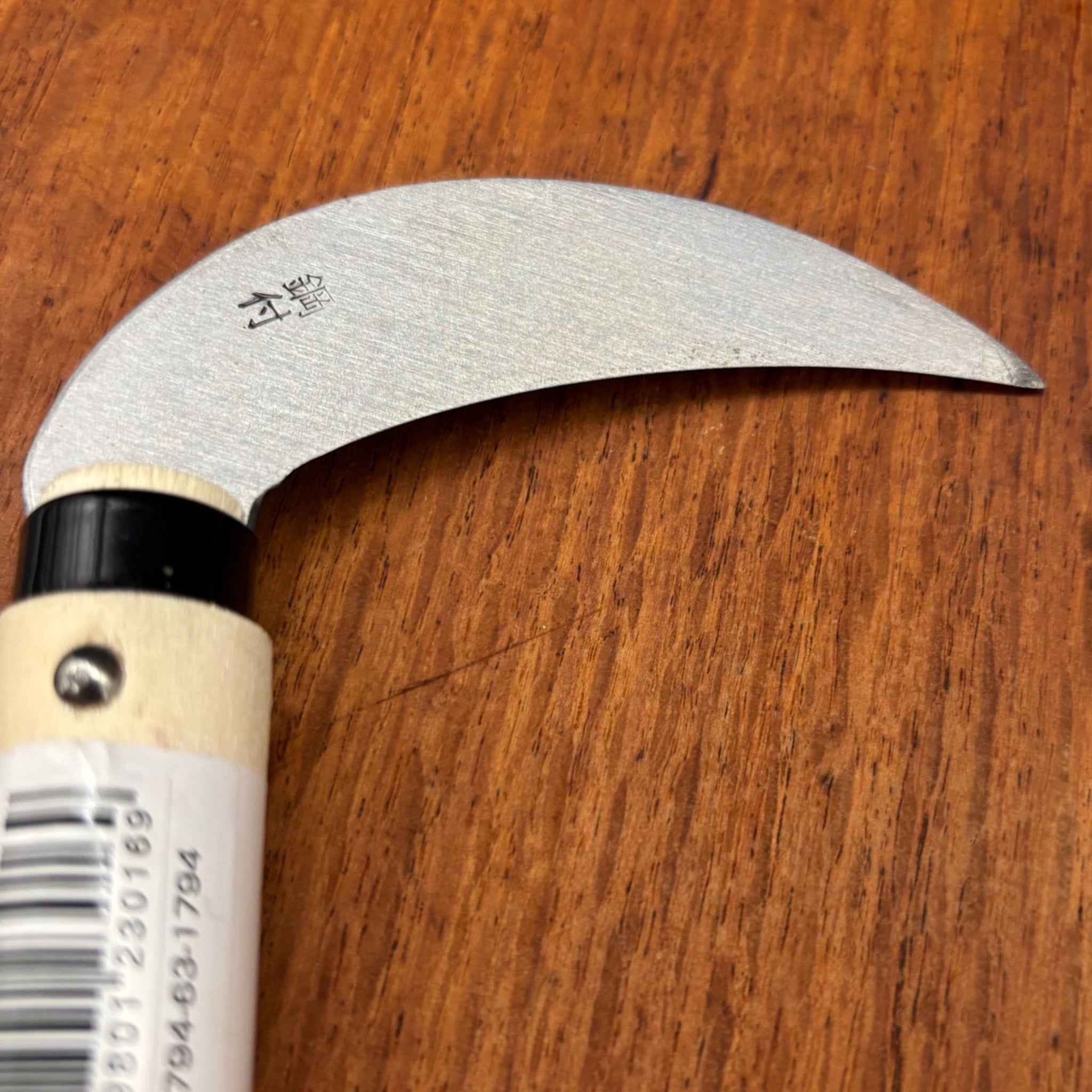 Close-up of Takemoto Kikumatsu mulberry sickle 90mm curved carbon steel blade and bevel