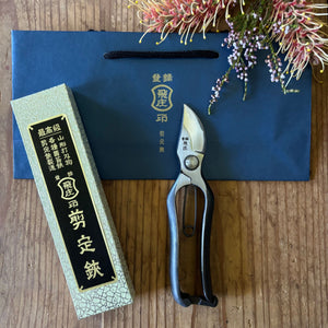 Tobisho Type-B Pruning Shears 200mm with box and gift bag, made in Japan, displayed on wooden table with native flowers