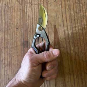 Tobisho Yasugi Type-A Japanese pruning shears held in hand to show 200mm size and ergonomic handle