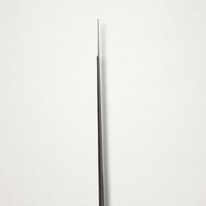 Edge-on view of a vintage Japanese 240mm dozuki saw showing the thin blade profile and backed spine.